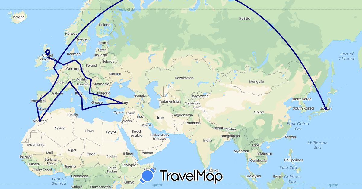 TravelMap itinerary: driving in Austria, Switzerland, Czech Republic, Germany, Spain, France, United Kingdom, Greece, Croatia, Hungary, Italy, Malta, Netherlands, Turkey (Asia, Europe)
